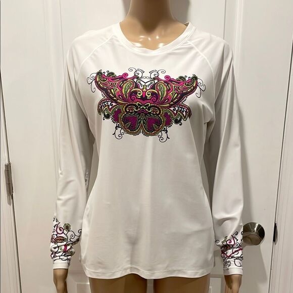 Athleta Tops - ATHLETA Women's White Long Sleeve Top with Pink and Green Design size L